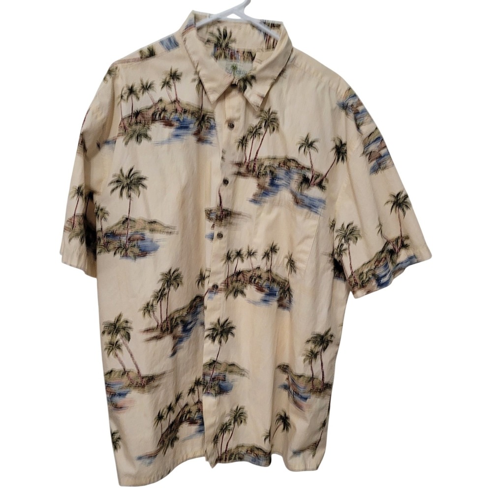 Island Shores Mens XXL Hawaiian Shirt Palm Trees Tropical Beach Scene Button Up